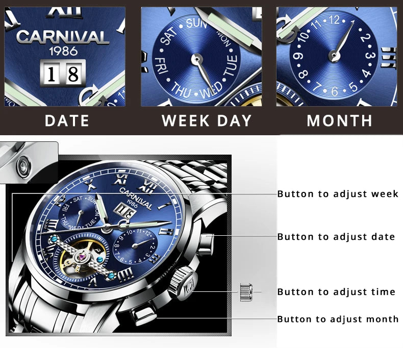 Men's CARNIVAL Tourbillon Automatic Watch - Sapphire Waterproof Luminous