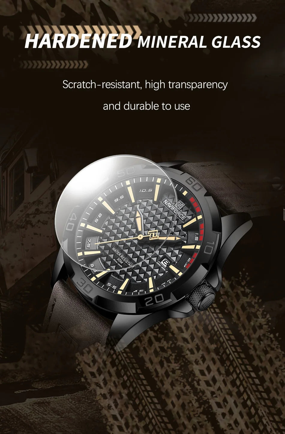 Montre homme NAVIFORCE sport militaire étanche avec bracelet cuir.