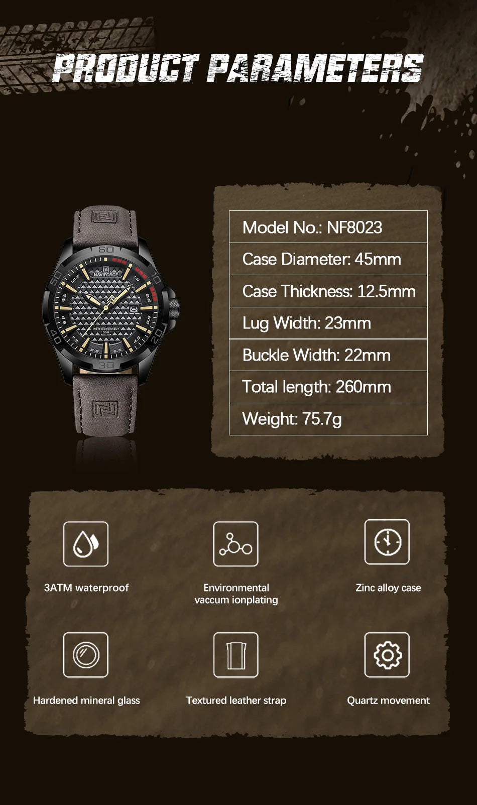Montre homme NAVIFORCE sport militaire étanche avec bracelet cuir.