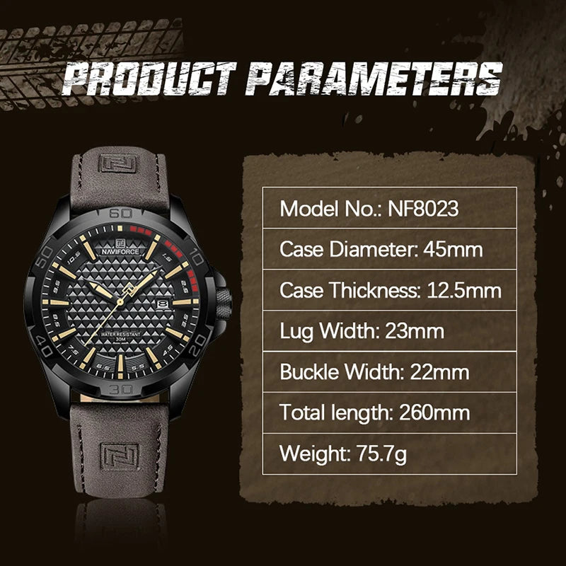 Montre homme NAVIFORCE sport militaire étanche avec bracelet cuir.