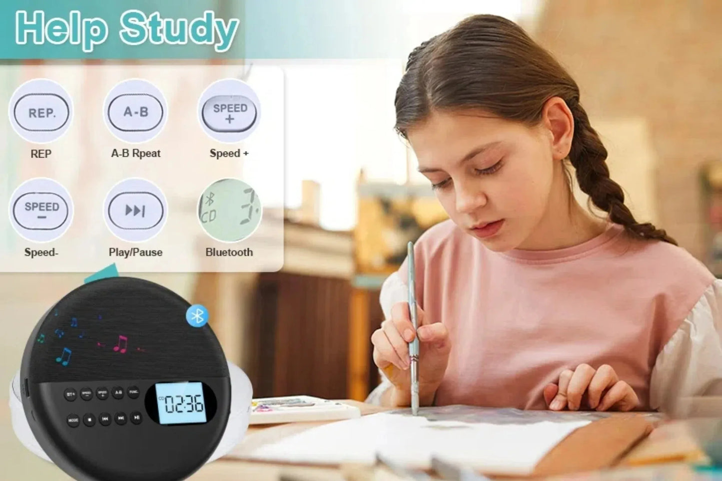 Lecteur CD Portable Bluetooth 5.0