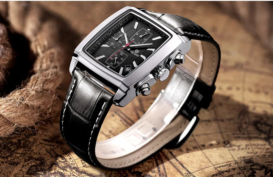 Montre MEGIR Homme Rectangulaire Cuir Bleu