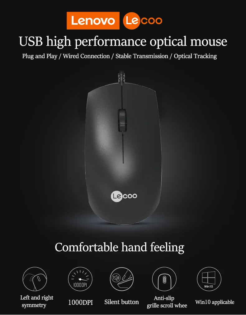 Lenovo LECOO USB Corded Mouse - Ergonomic Design