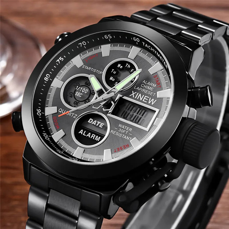 Men's XINEW Electronic Casual Watch - Dual Time Black