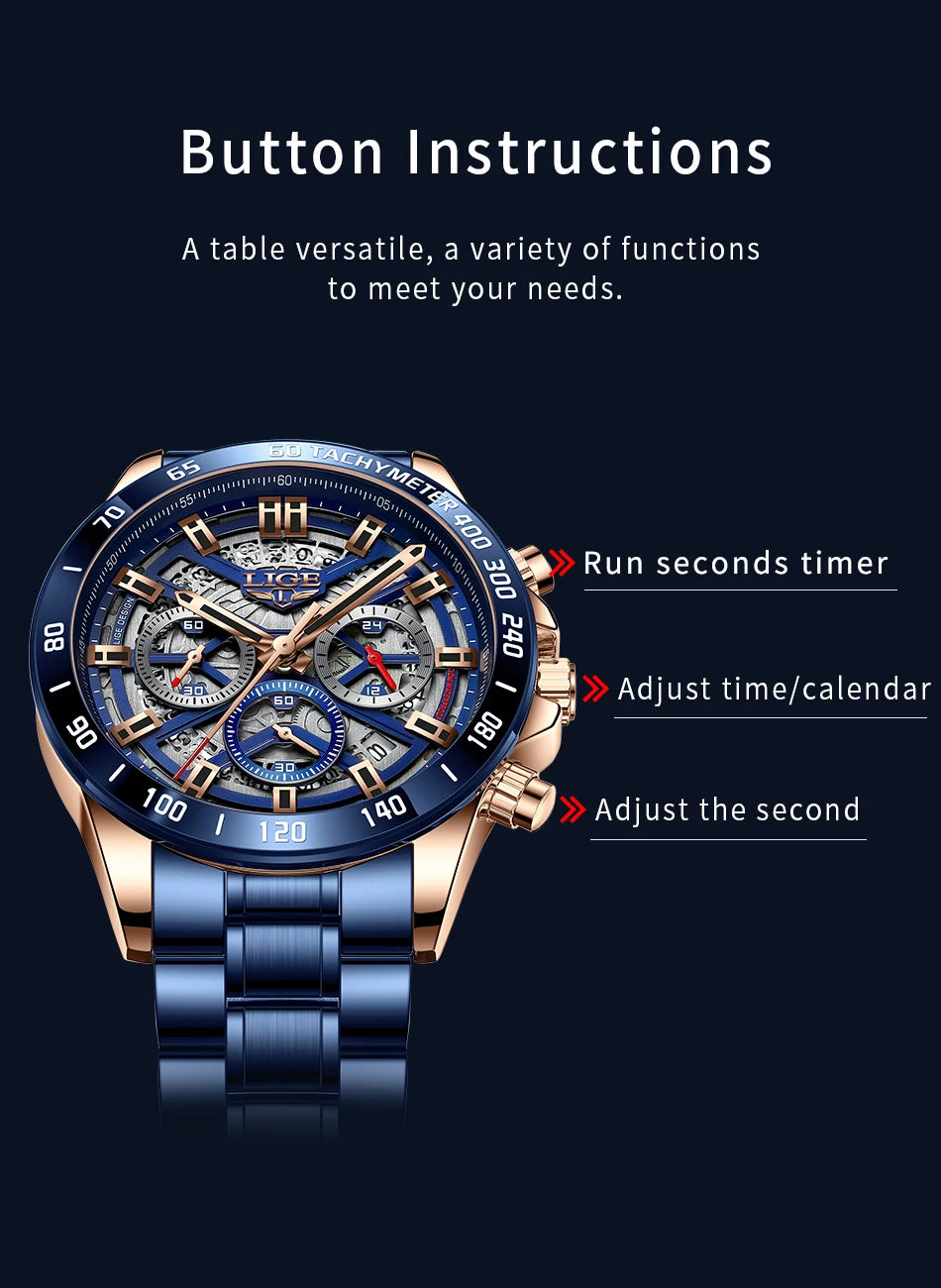 Montre LIGE Homme Sport Luxe Chronographe