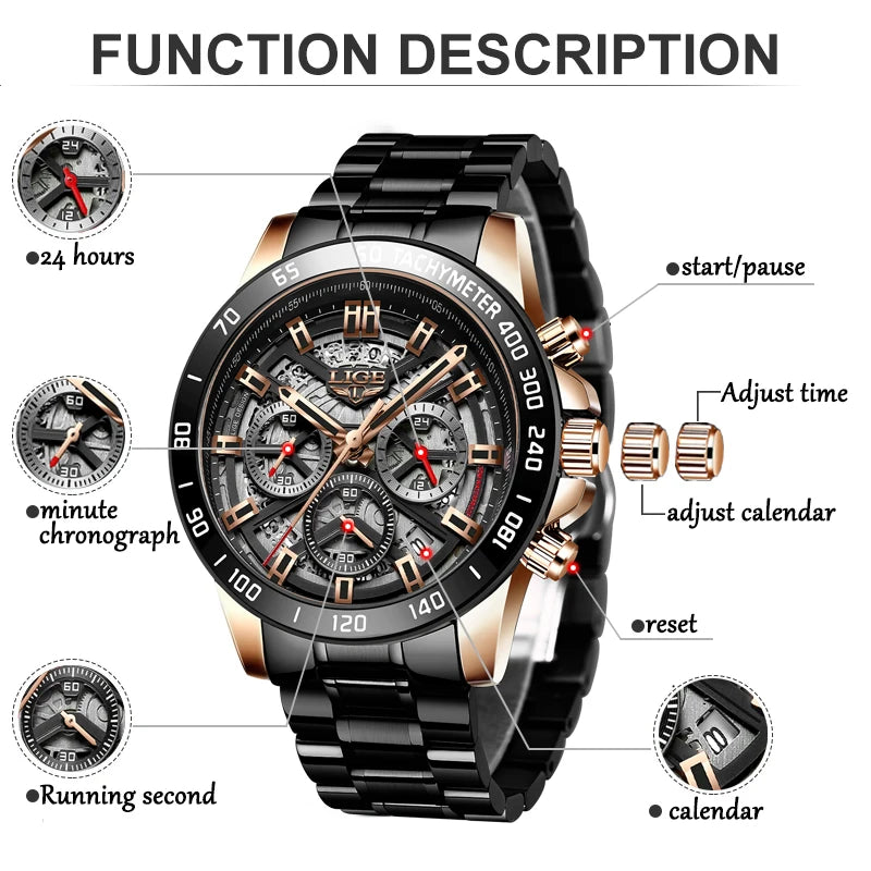 Montre LIGE Homme Sport Luxe Chronographe