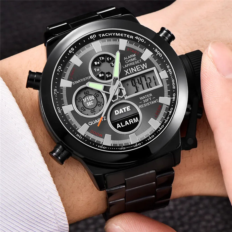 Men's XINEW Electronic Casual Watch - Dual Time Black