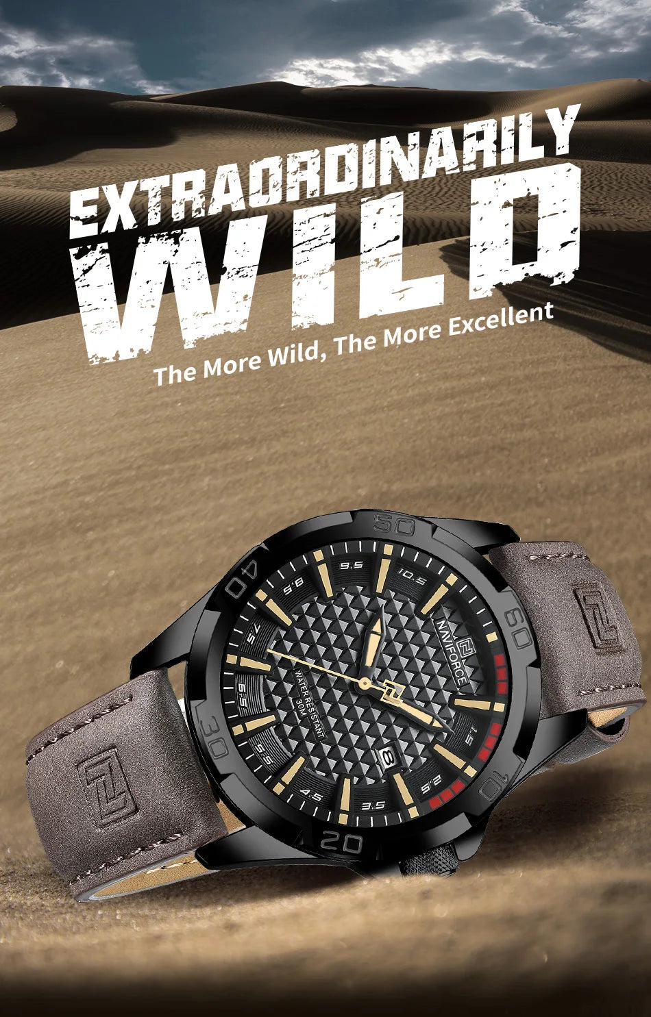 Montre homme NAVIFORCE sport militaire étanche avec bracelet cuir.