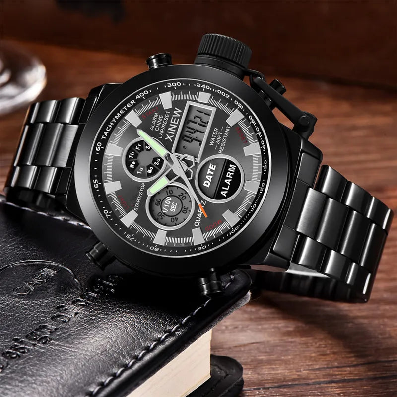Men's XINEW Electronic Casual Watch - Dual Time Black