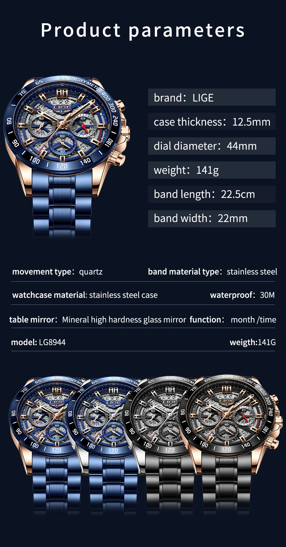 Montre LIGE Homme Sport Luxe Chronographe
