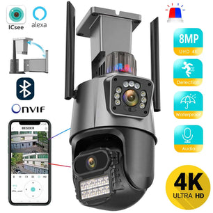 8MP 4K Wifi Camera Dual Lens Security Protection Waterproof Security CCTV Video Surveillance Camera Police Light Alarm IP Camera SARAOU