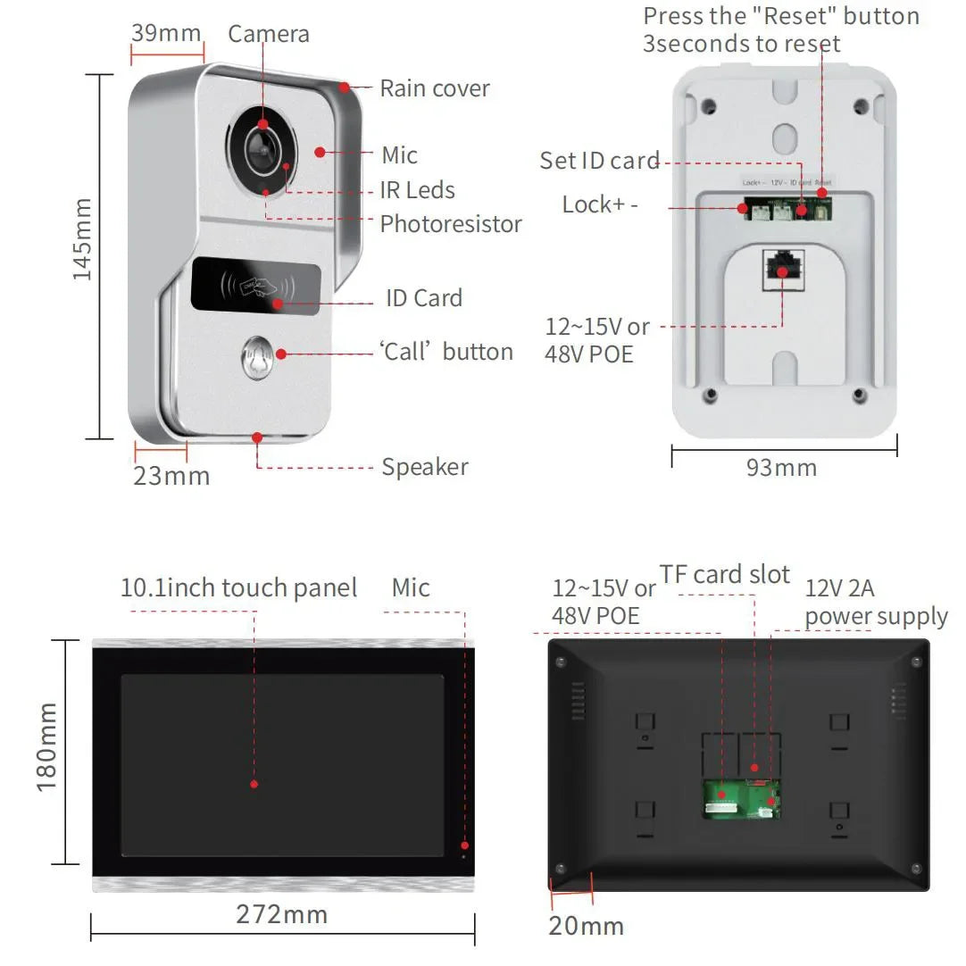 Interphone Vidéo TUYA 1080P 10 Pouces WiFi POE