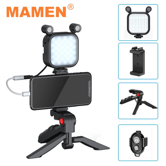 MAMEN Vlogging Kit Video Record Toolkit with Monitoring Microphone LED Fill Light for Smartphone SLR Camera for Live YouTube