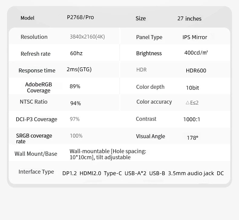 Moniteur PC 4K 27 Pouces IPS 60Hz