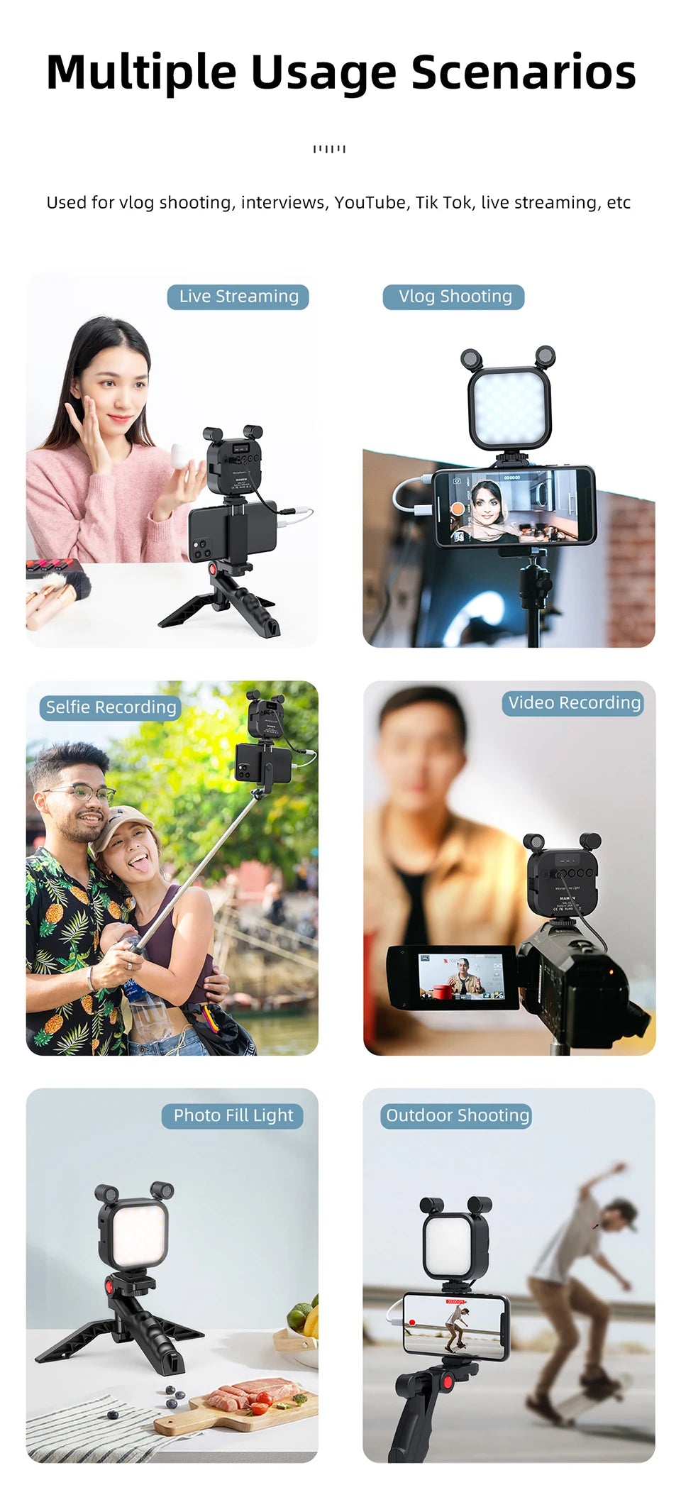 MAMEN Vlogging Kit – Microphone, LED & Tripod | Ideal for YouTube, TikTok & Live