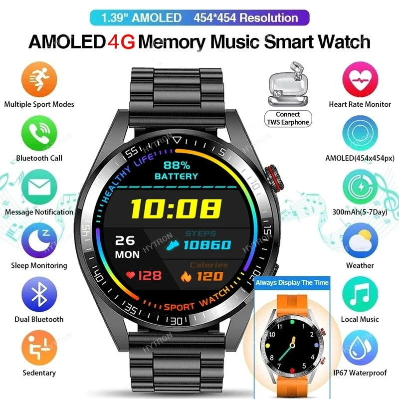 New Smart Watch Mens 4G Memory Local Music Player 466*466 AMOLED Screen Bluetooth Call Sports Man Smartwatch For Samsung Huawei SARAOU