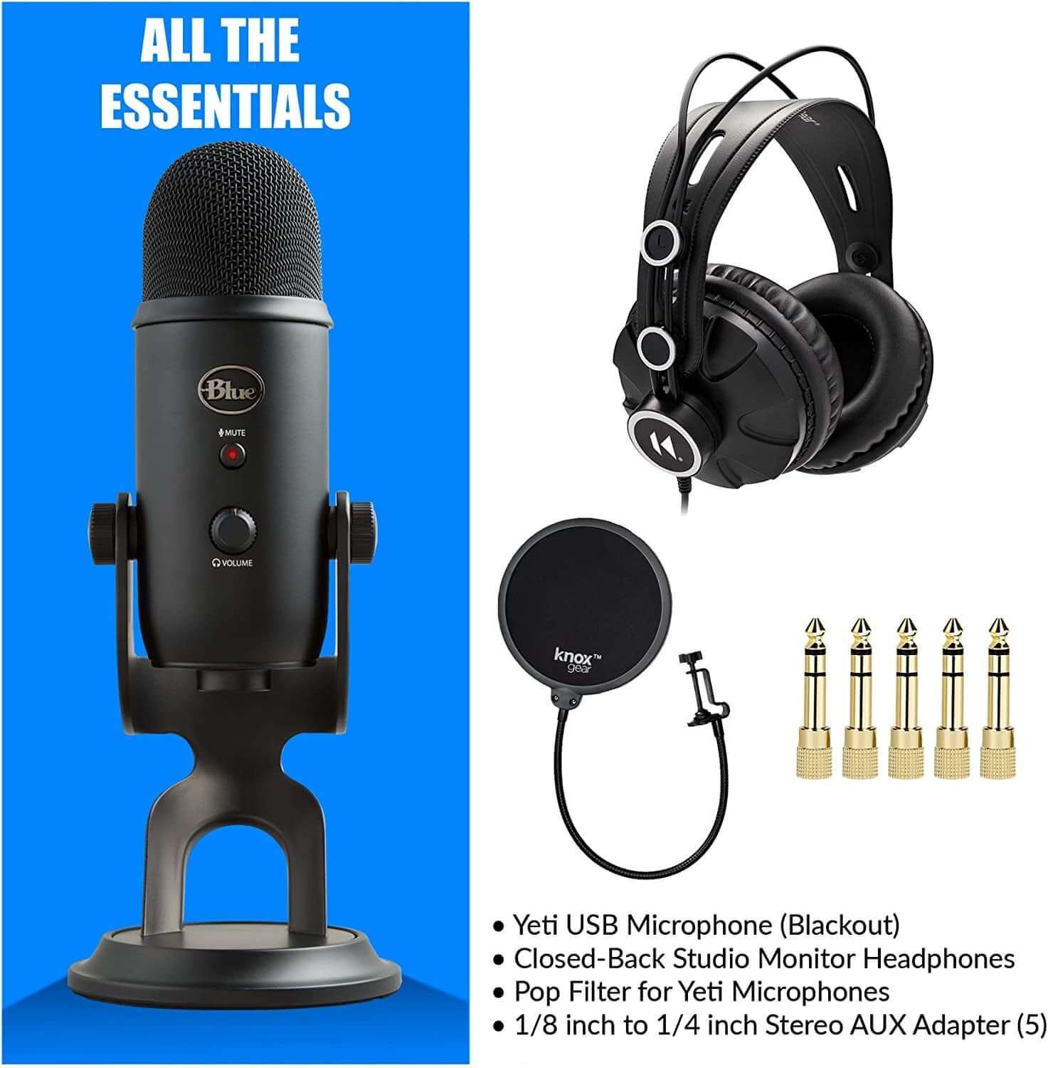 USB Microphone (Blackout) Bundle with Knox Gear Headphones and Pop Filter (3 Items)