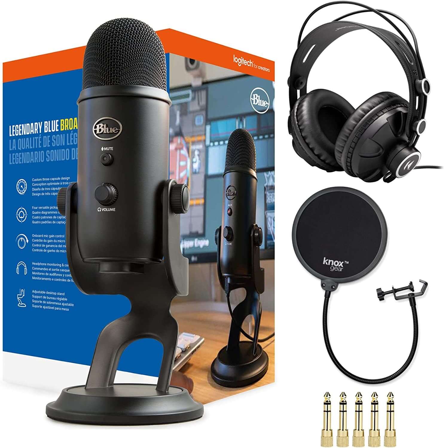 USB Microphone (Blackout) Bundle with Knox Gear Headphones and Pop Filter (3 Items)